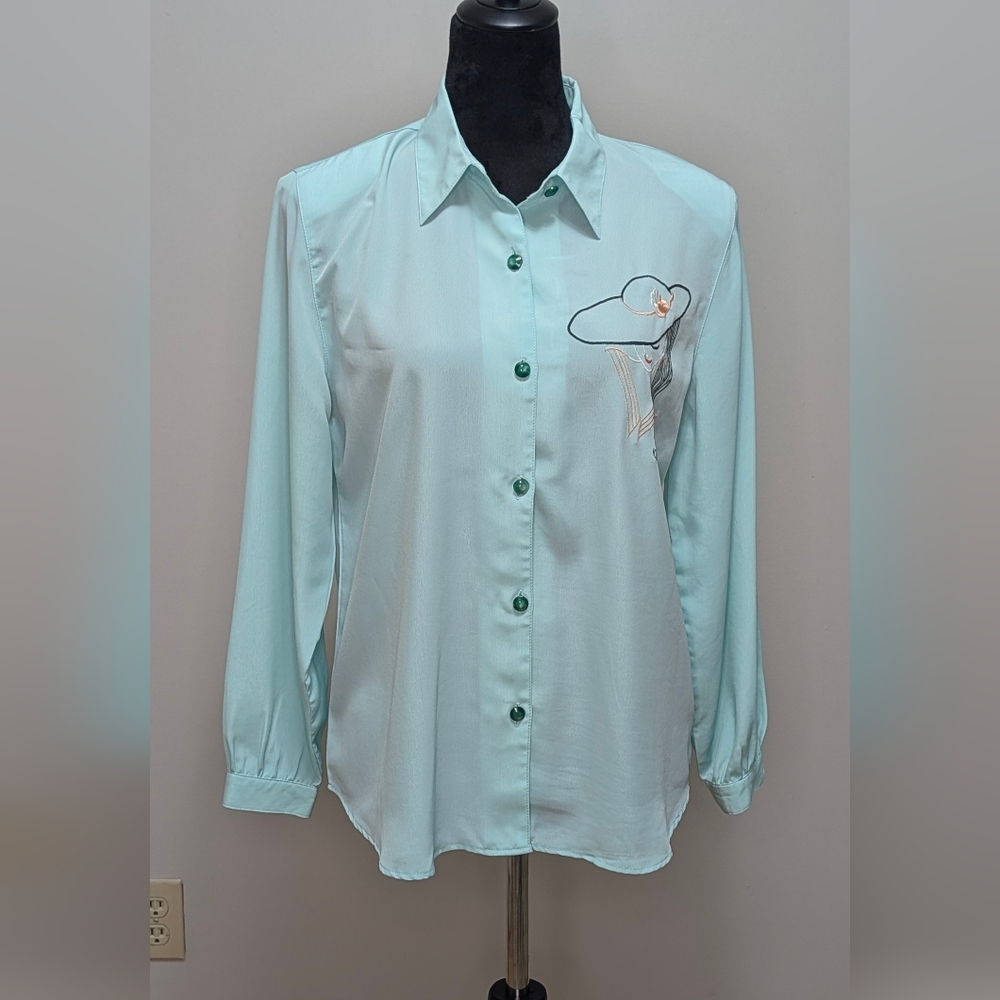 Women's Mint Green Embroidered Button-Down Shirt Sz Sm Unique High Class